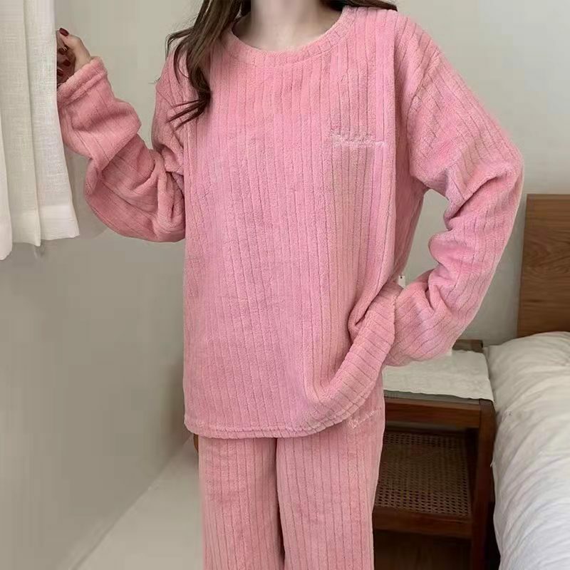 Autumn Winter Coral Fleece Pajamas Set Trousers Suit Warm Homewear Women Stripe Top&pants Loose Sleepwear Cozy Pyjamas Suit