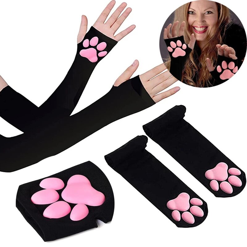 3D ซิลิโคนสีชมพู Cat Claw Paw Soft Fingerless Fluffy Sun Protection Cool แขนน่ารักถุงมือยาวสำหรับสตรีใหม่