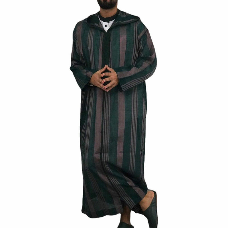 Muçulmano com capuz Jubba Thobe para homens, Robe listrado, Vestido islâmico, Abaya Masculino, Kaftan Saudita, Adulto Kamis, Dubai, Turquia, M-4XL