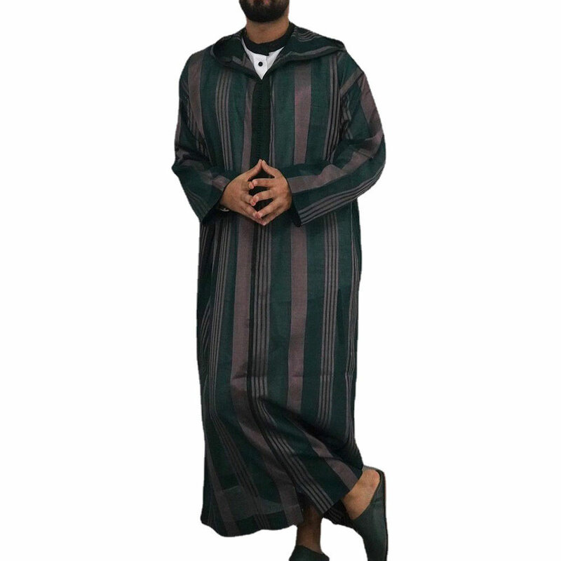 Musulman Hommes Robe Rayée À Capuche Jubba Thobe Islamique Adultes Kamis zones me Musulman Dubaï Turquie Mâle Abaya Robe Saoudien Caftan M-4XL