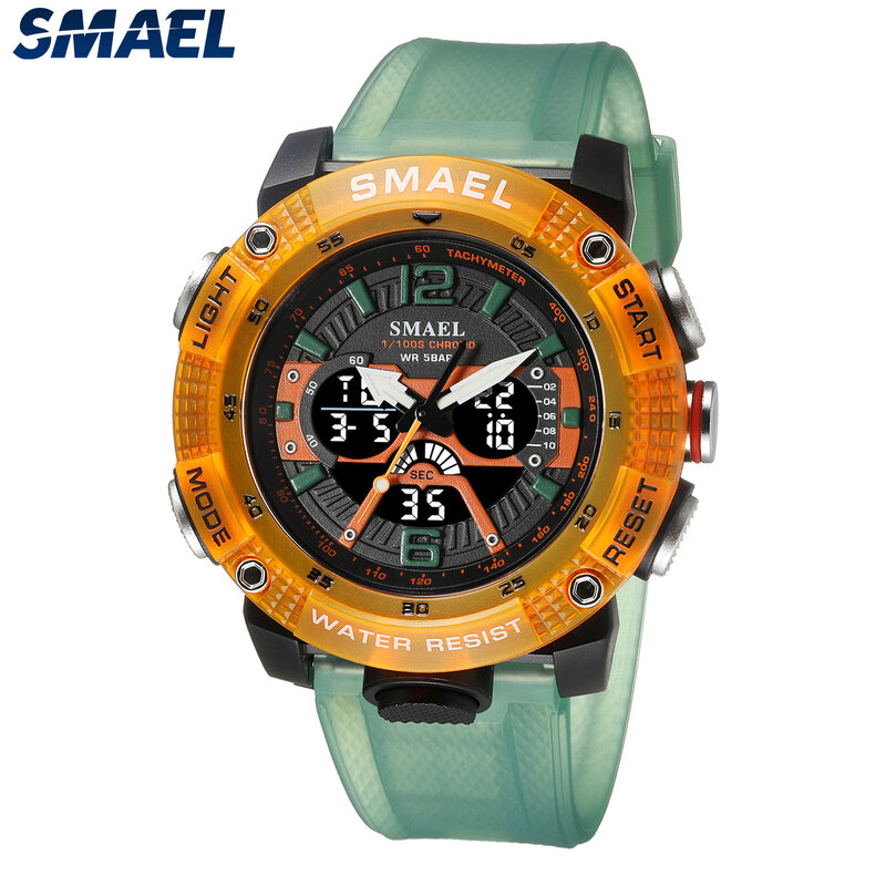 Спортивные часы, водонепроницаемые мужские часы SMAEL, цифровой светодиодный дисплей, кварцевые аналоговые секундомеры, Модные Зеленые оранжевые часы 8058, мужские часы