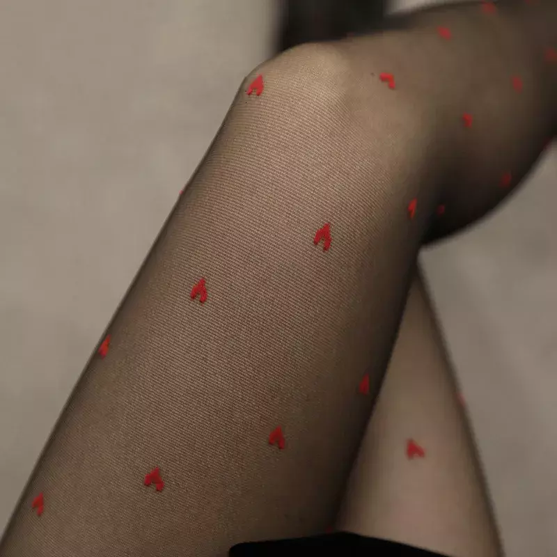 Calças de Nylon com estampa de coração estilo japonês para mulheres, meninas JK Lolita, meias compridas, meia-calça fina, meias de corpo