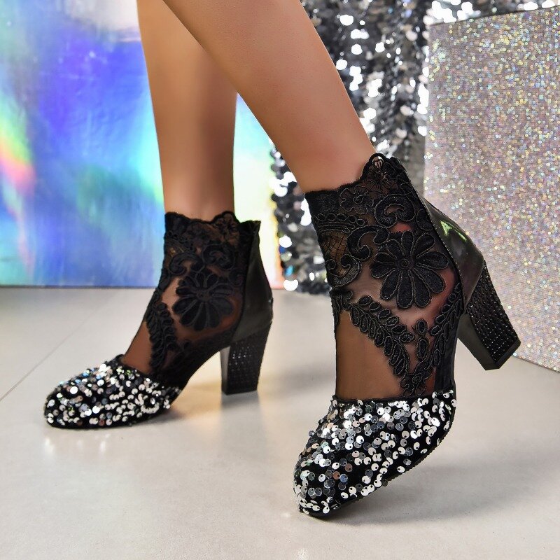 Botas de tacón alto con encaje para mujer, botines transpirables con cremallera, Zapatos Retro con flores brillantes, 2024