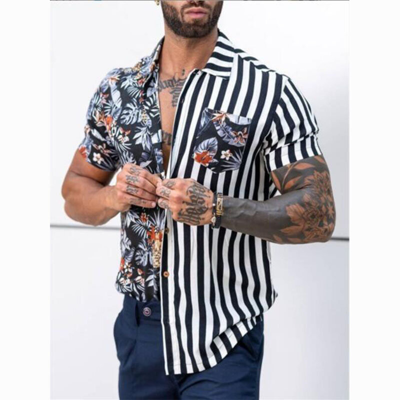Men's Hawaiian Striped Summer Casual Floral Short Sleeve Shirt Korean Printed Social Loose And Breathable Vintage Dazn Clothes