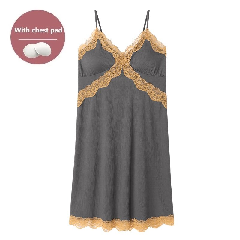 Summer Women Nightgowns With Chest Pad Sexy V-Neck Sling Night Shirts Strap Dress Big Yards Elegant Lace Sleeveless Sleep Wear