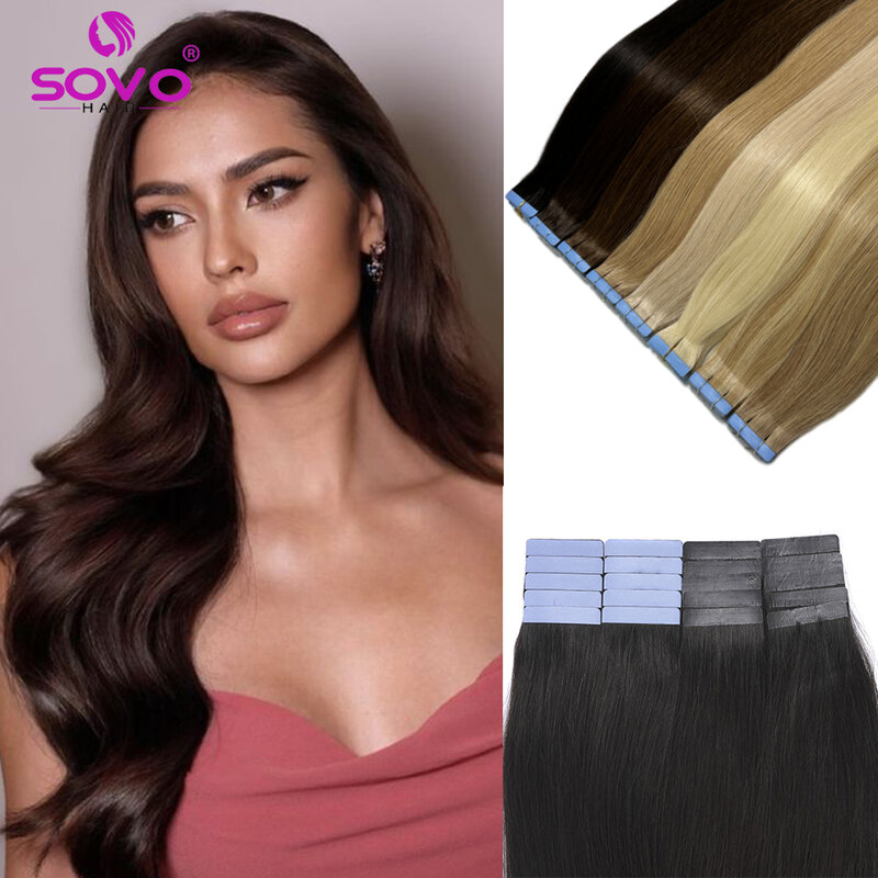 SOVO-Fita reta europeia em extensões de cabelo, 100% cabelo humano, cabelo natural real, trama da pele, adesivos, extensão do cabelo Remy