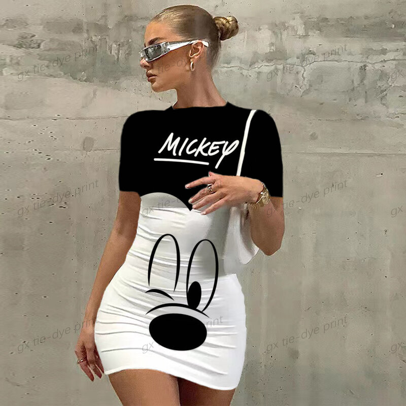 Robe Disney Mickey Mouse pour femmes, tenue élégante, moulante, col rond, décontractée, imprimée en 3D