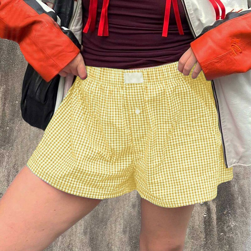 ชุดนอน Y2K ลายสก๊อตสำหรับผู้หญิงกางเกงบ็อกเซอร์ขาสั้นเอวยางยืดกางเกงบ็อกเซอร์ขาสั้นเลานจ์ตรวจสอบ PJ กางเกงออก