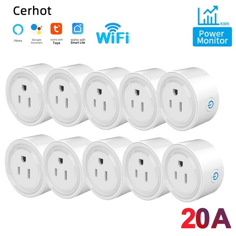 Cerhot-Tuya WiFi Smart Plug com Monitor de Alimentação, Controle Remoto, Controle por Voz, Alexa, Yandex Alice, EUA 20, 16, 10A