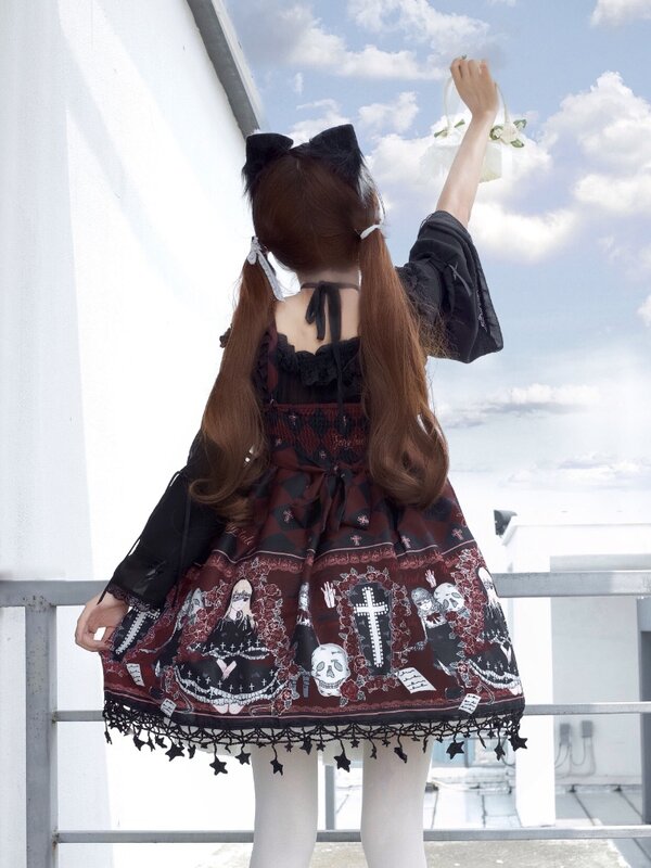 Vestido vintage Lolita Gothic para menina, vestido JSK, cintura alta, cinta vitoriana, kawaii, escuro, bonito, impressão, Halloween