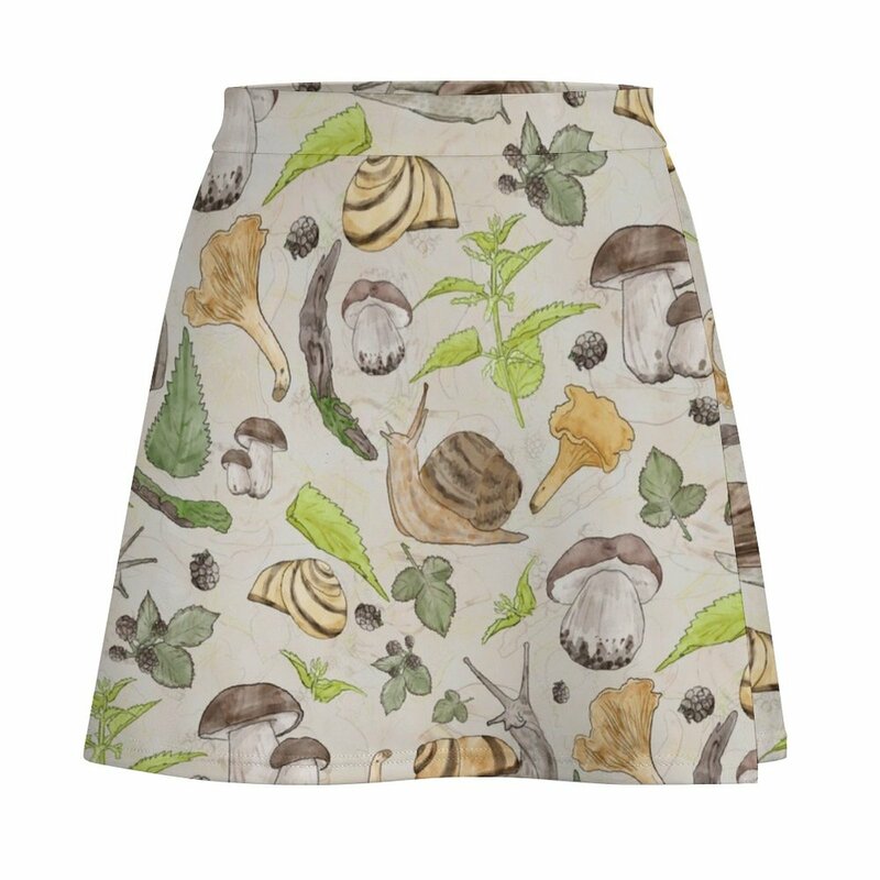 Leśny ślimak w lesie akwarela grzyby, mech zielony i ochra wzór zwierzęcy Mini spódnica koreańska spódnica