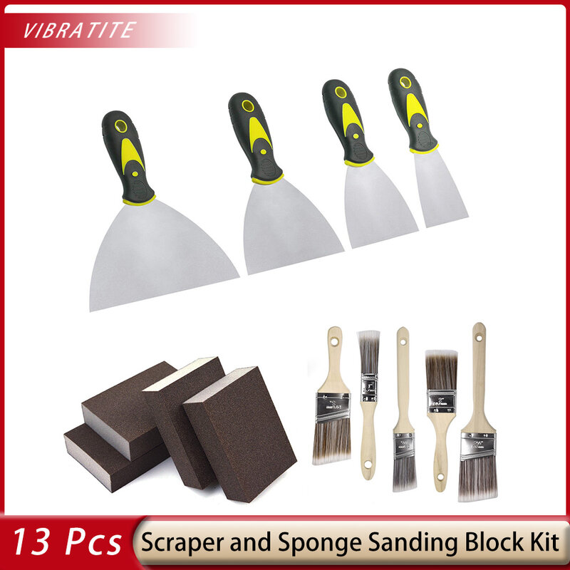 Kit de cuchillos de masilla de acero inoxidable, herramientas para quitar papel tapiz, esponja de lijado, cepillo de pintura, juego de cuchillos, 14 piezas