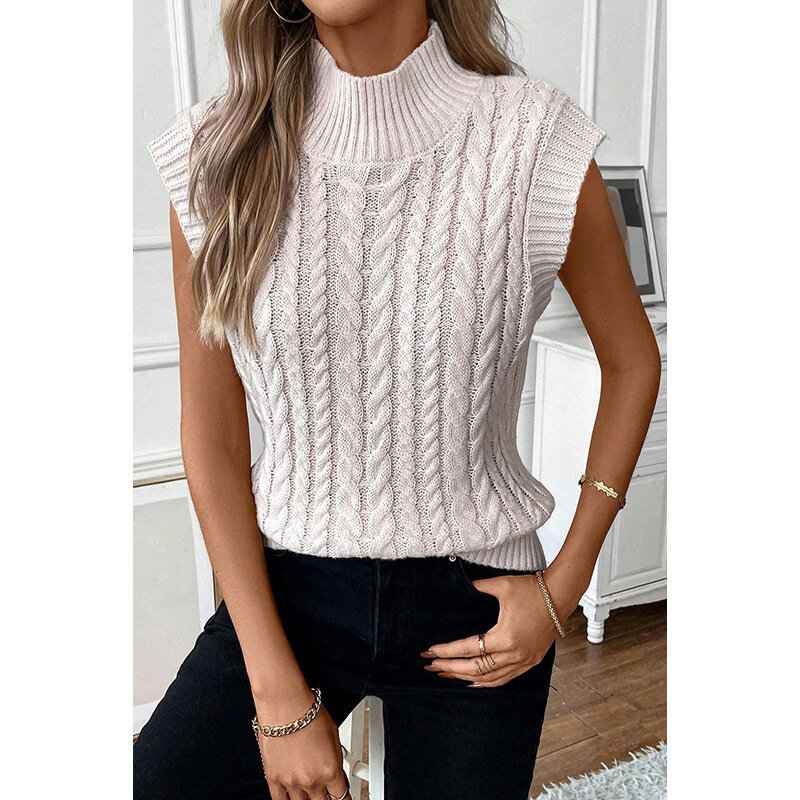 Turtleneck Women Solid Thick Sleeveless Vest Tops Twist Knitted Autumn Winter Sweaters Pullovers Regular Loose Casual 2024
