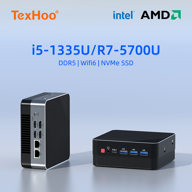TexHoo Mini gry komputer stancjonarny i ryben7 5700U R5 4500U Intel Core i5 1335U CPU Windows 11 Pro NUC Office DDR4 DDR5 NVMe WIFI6