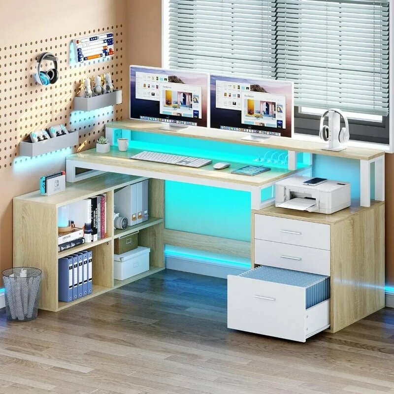 L geformter Schreibtisch mit Steckdosen & LED-Leuchten & Akten schrank, 65 "Computer tisch Eck schreibtisch, Home-Office-Schreibtisch mit Monitorst änder