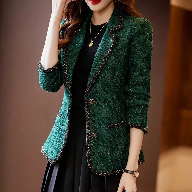 녹색 여성 세트 트위드 블레이저, 격식있는 우아한 코트 재킷, 무도회 원피스, 따뜻한 사무실 여성 비즈니스 작업복, 가을, 겨울