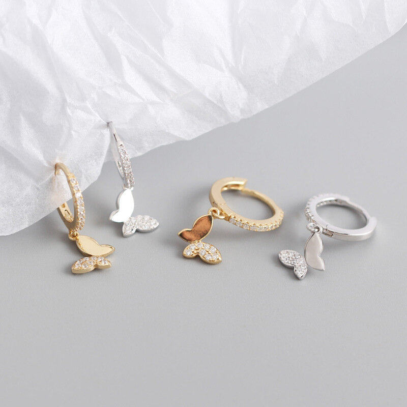 925 Silver Plated Zircon Tassel Butterfly Hoop Earrings for Women Girls Party Wedding Jewelry Gift eh019