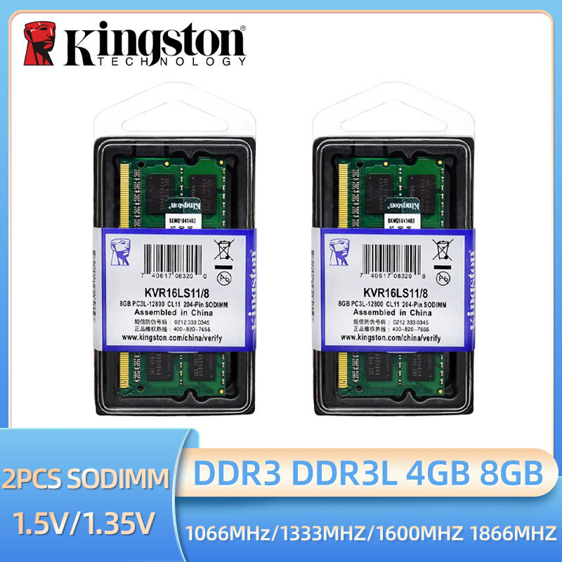 Kingston-RAM do portátil do canal duplo, DDR3L, DDR3, 8GB, 4GB, 1066, 1333, 1600, 1866Mhz, PC3-8500, 10600, 12800, caderno, 2 PCes