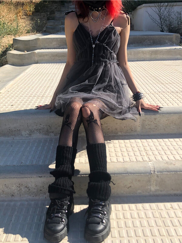 AltGoth-vestido de malla gótico oscuro para mujer, ropa de fiesta Vintage Punk, hada Grunge, sin tirantes, cintura alta, Harajuku, centro comercial, Emo, Alt