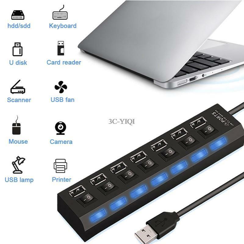 LED USB 고속 어댑터 USB 허브, 전원 켜기 끄기 스위치 포함, PC 노트북 컴퓨터 PC 노트북용, 7 포트, 480 Mbps