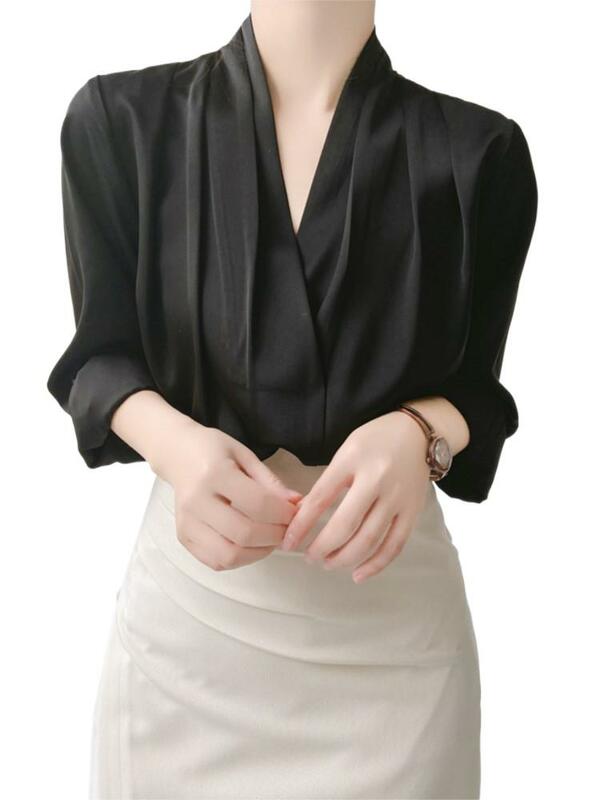 Female Silk Business Shirts 5XL 6XL Autumn Chiffon Blouses Korean Street Women Elegant Luxury V-neck Fold Long Sleeve Satin Tops
