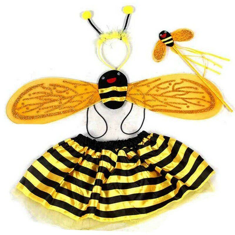 Bee Costume for Kids Girls Princess Dress Up Bee Ladybug Wing Tutu Skirt Headband Wand Cosplay Party Accessories