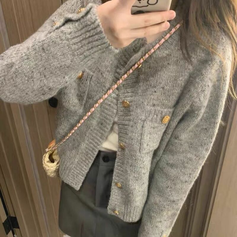 Cárdigan gris elegante para mujer, suéteres coreanos suaves de manga larga, abrigo Vintage suelto, cárdigan con botones Harajuku