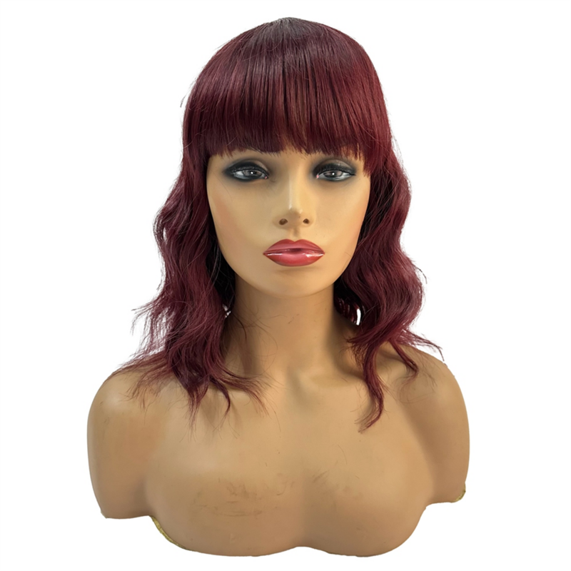 Peluca sintética de pelo largo ondulado, color rojo vino con flequillo, peluca rizada Natural, peluca de Cosplay femenina, fibra resistente al calor