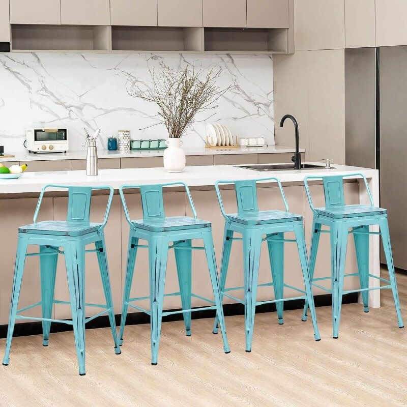 30" Low Back Barstools Metal Stool with Wooden Seat [Set of 4] Counter Height Bar Stools