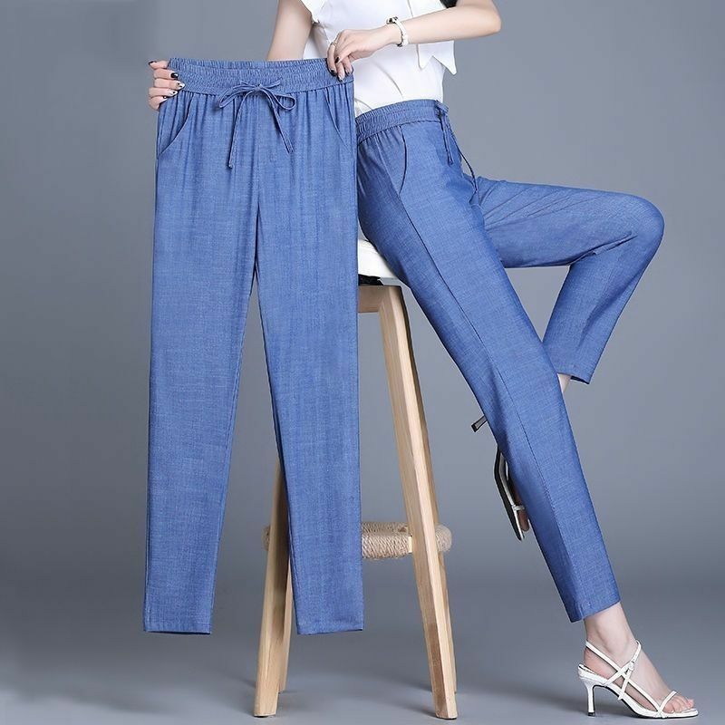 2024 estate nuove donne tinta unita Jeans sottili coreano elastico a vita alta tasche con coulisse pantaloni larghi dritti Harun Casual