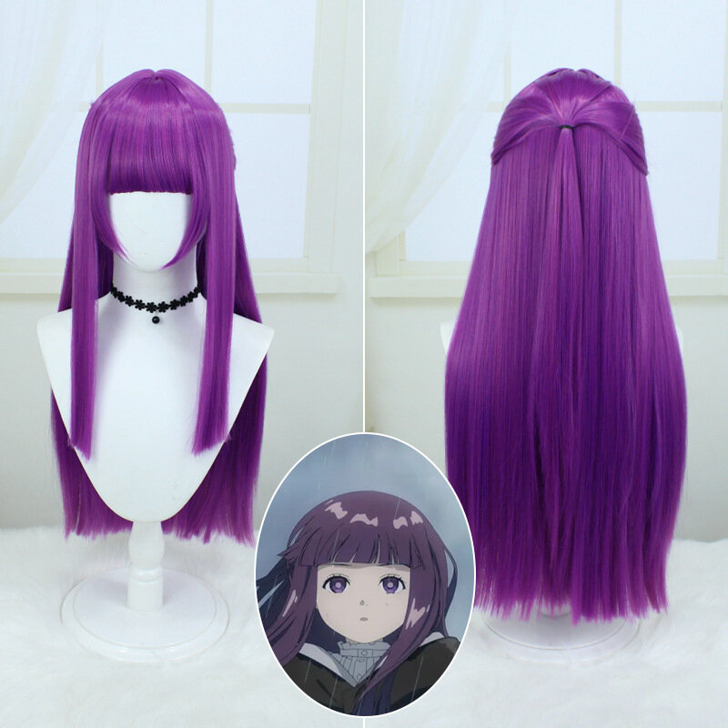 Wig sintetik lurus panjang ungu Cosplay ujung Frieren dengan poni untuk wanita rambut palsu Halloween 80cm