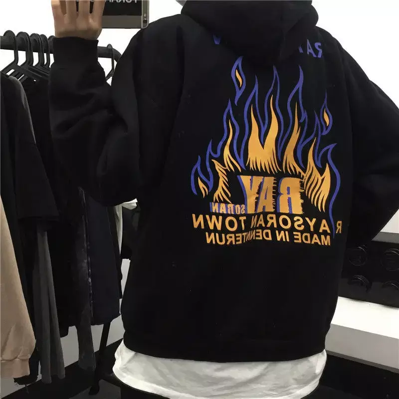 New Couple sweatshirt harajuku hoodies women autumn/winter Korean vintage flame letter print loose plush goth tops y2k clothes