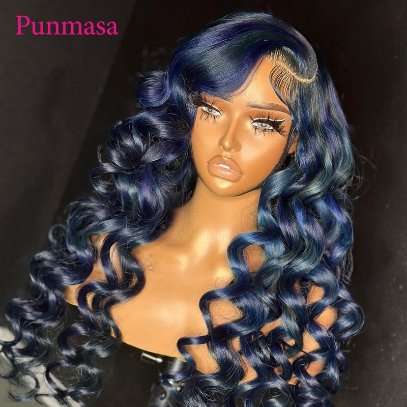 Punmasa-peruca de cabelo humano de onda corporal de cor azul para mulheres negras, perucas frontais transparentes, pré-arrancadas, 13x6, 200%, 13x4 frontal