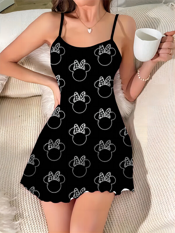 Falda de pijama con ribete de lechuga, vestido elegante de Disney, Minnie Mouse, cuello redondo, superficie de satén, Mickey, moda de verano, 2024