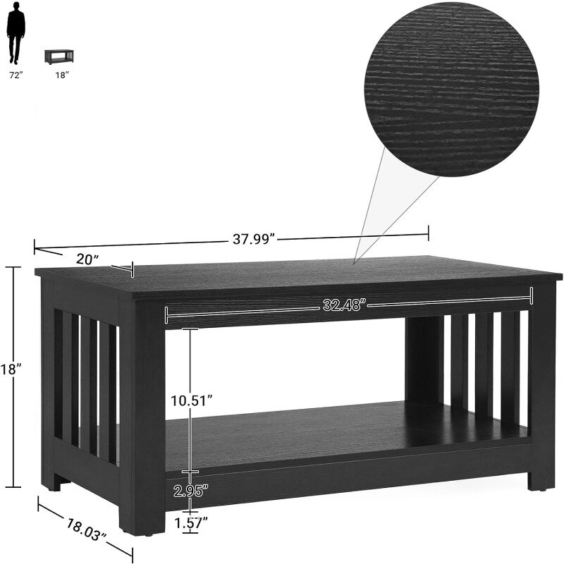 Mesa de centro de madera para sala de estar, mesa Rectangular pequeña de 2 niveles, color negro, 38 pulgadas