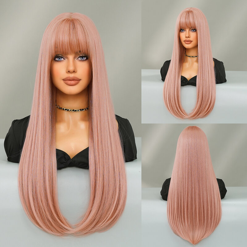 PARK YUN-pelucas largas y rectas para mujer, cabello sintético resistente al calor, con flequillo limpio, color rosa y naranja, de alta densidad, para uso diario