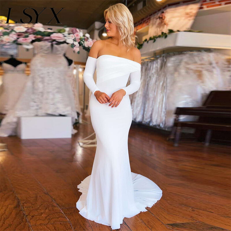 LSYX Элегантное свадебное платье из крепа с открытыми плечами, модель 2023 года, простое свадебное платье с молнией на спине и шлейфом, изготовление на заказ