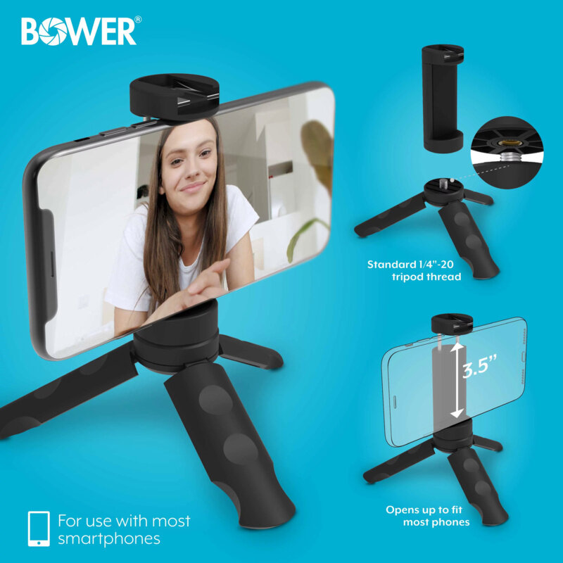 Bower Mobile Top Grip ขาตั้งกล้อง3ขา (2แพ็ค) พร้อมฐานวางรองเท้าเย็นและที่วางมือถือ360องศานอกจากนี้ยังสามารถใช้กับไฟ LED, FL