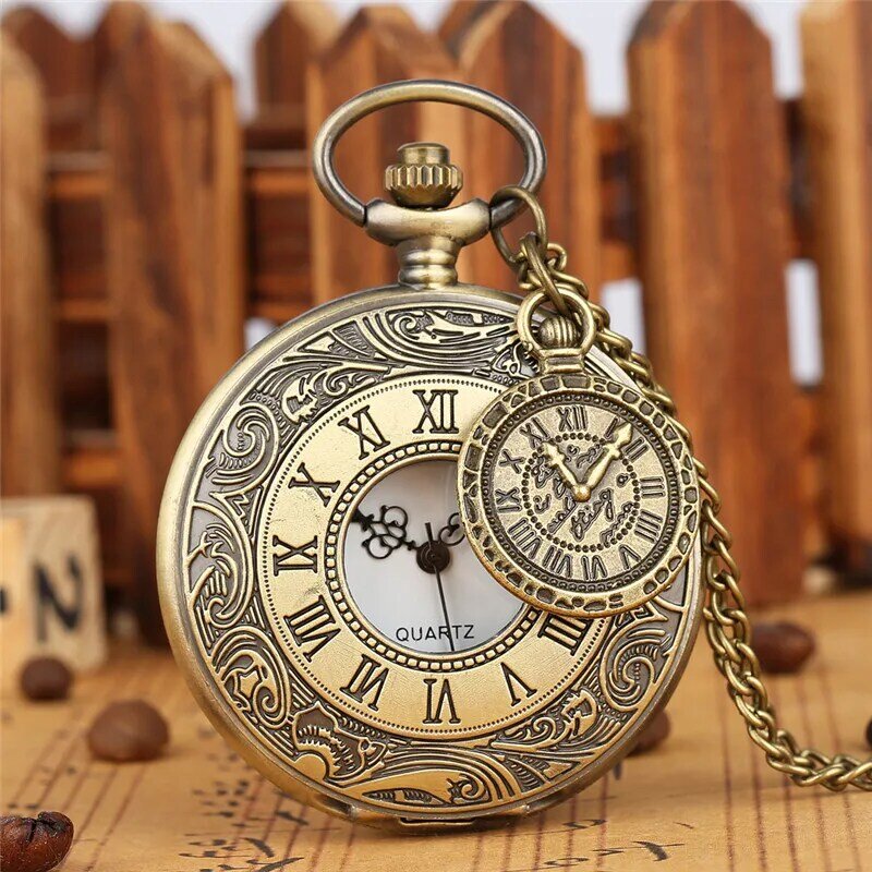Reloj ahuecado de moda antigua, reloj de bolsillo analógico de cuarzo con cadena de suéter, Reloj portátil, Gadget de brújula, Unisex