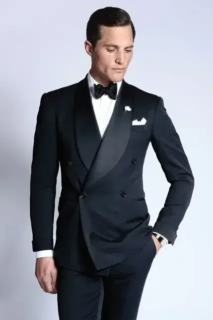 Новейший дизайн пальто и брюк, индивидуальный черный атласный тканевый двубортный Высококачественный Свадебный костюм для мужчин, облегающий костюм, 2 шт.