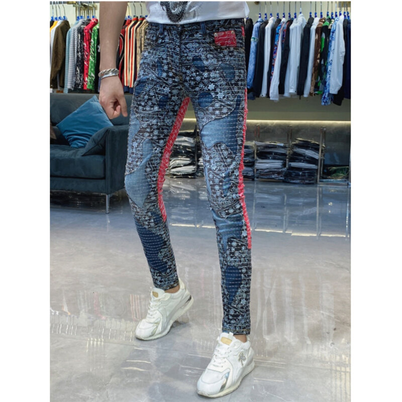 Jeans Slim Fit pour hommes, pantalons patchs irréguliers, imprimé cachemire, coutures brodées, noir et rouge, mode FjTOP