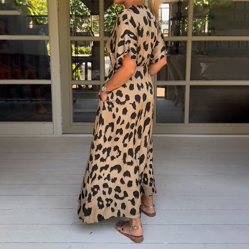 Женское платье с леопардовым принтом, повседневное свободное платье макси с глубоким V-образным вырезом и разрезом, лето 2024