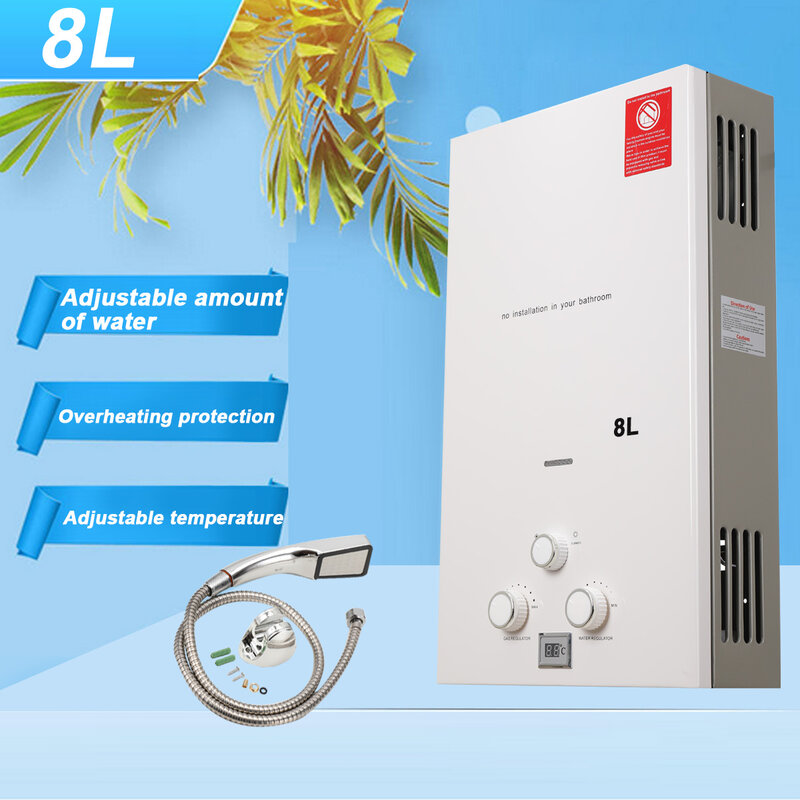 8L Tankless Propane Gas Water Heater 16KW LPG Instant Hot Water Heater Boiler LED Display Outdoor Camping With Shower Head Kit