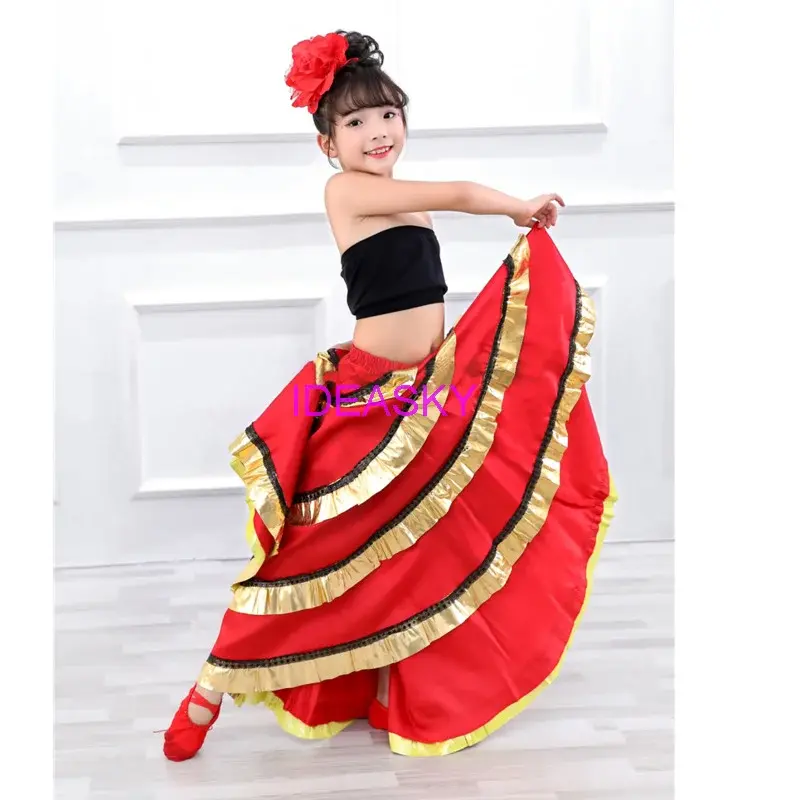 Kostium hiszpański dziewczyna długi czerwony stylowa sukienka flamenco spódnica balowa dla dziewczynek czarne kostiumy sukienki do tańca dla dzieci ubrania