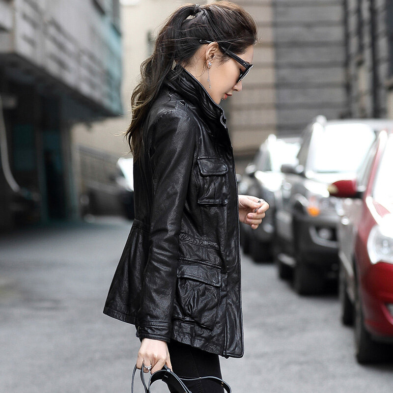 Новинка 2023, модная Высококачественная кожаная куртка из овечьей кожи, женские мотоциклетные куртки средней длины в Корейском стиле, женское весеннее пальто
