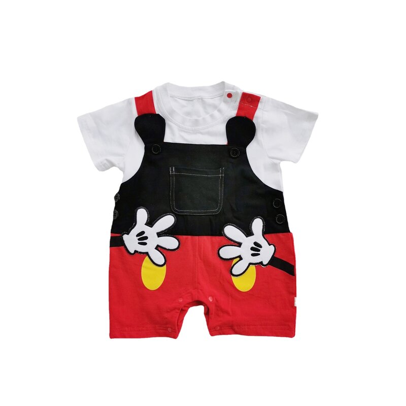 Pakaian jumpsuit Disney Mickey Mouse, jumpsuit satu potong, pakaian bayi 3-12 bulan, pakaian bayi gaya kartun, setelan merangkak longgar dengan lubang, 0-2 tahun