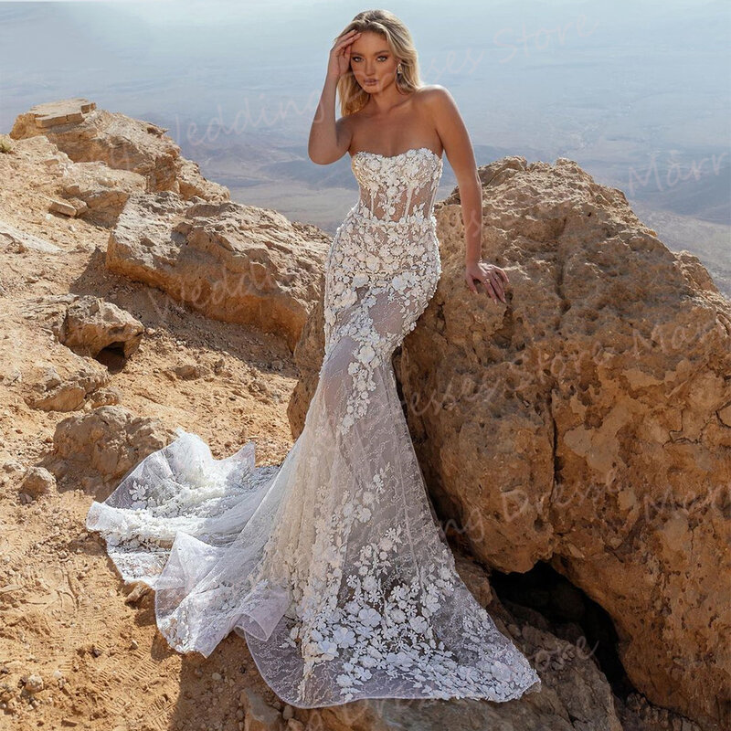 Seksowna syrena wykwintne damskie suknie ślubne urocze bez ramiączek bez rękawów suknie panny młodej koronkowe aplikacje plażowe Vestidos De Fiesta