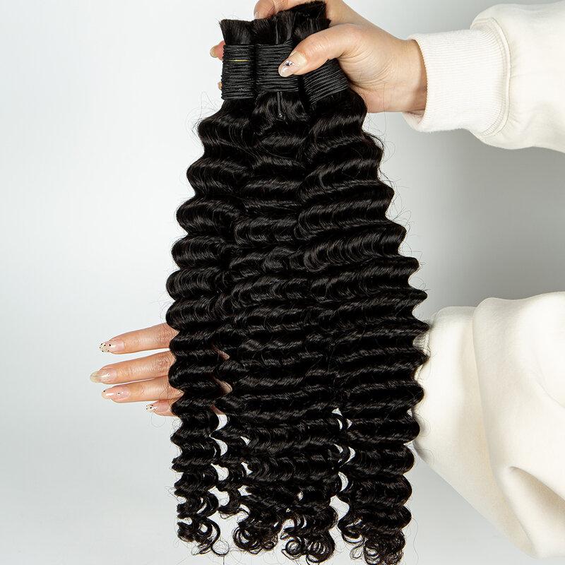 Extensión de cabello virgen rizado a granel, extensión de Peluca de onda profunda, cabello negro a granel para tejido de cabello, suministros de salón