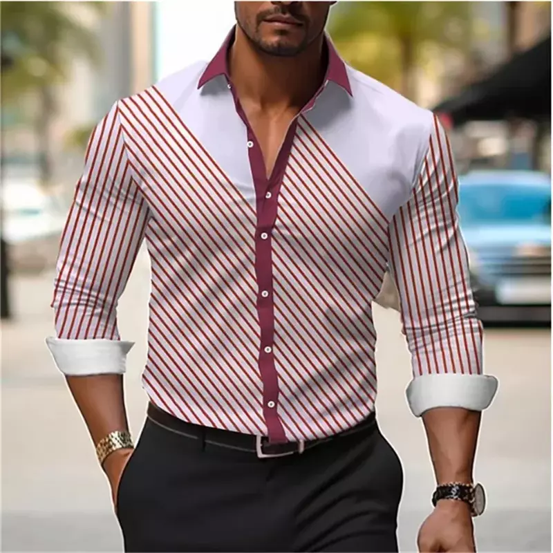 Новая мужская рубашка с длинными рукавами, отложным воротником и пуговицами, рубашка с ретро-рисунком в полоску, мягкий и удобный дизайнерский Топ