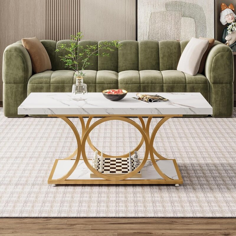 Прямоугольный журнальный столик 47,24 дюйма, искусственный кофейный столик для гостиной, домашняя мебель с полкой для хранения (белый и золотой), столовая